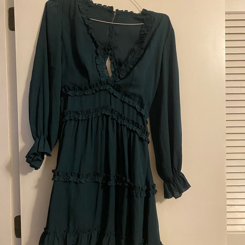 Chic Long Sleeve Teal Dress with Ruffle Accents